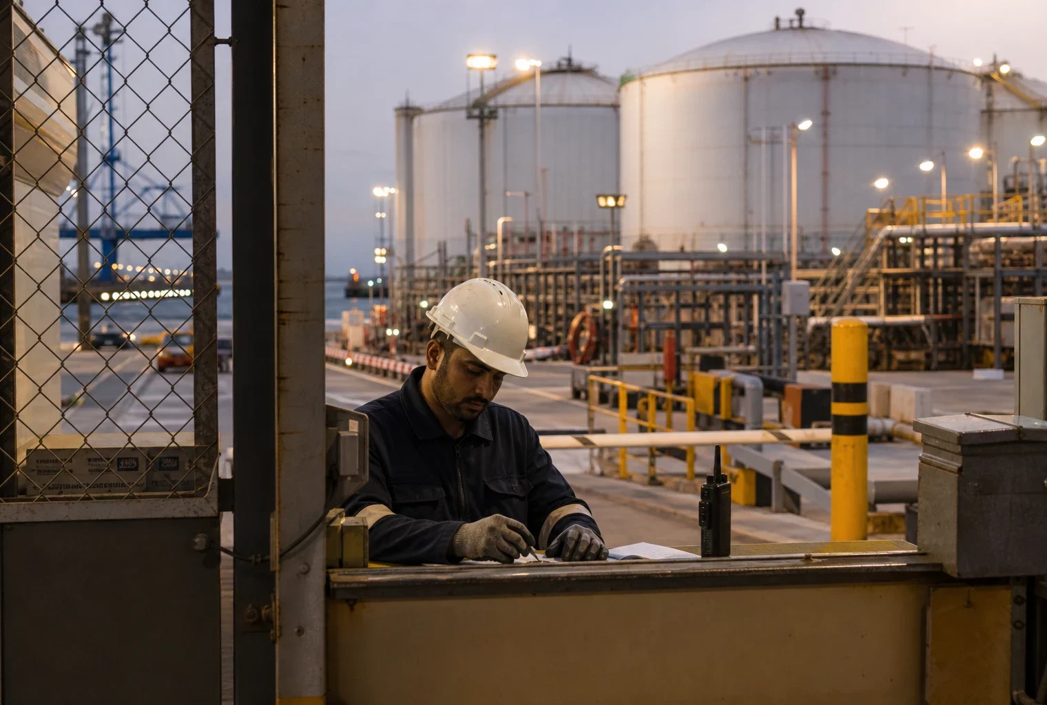 Gros plan sur des mains de sécurité près de réservoirs pétroliers et de tuyauteries dans un port industriel au crépuscule.