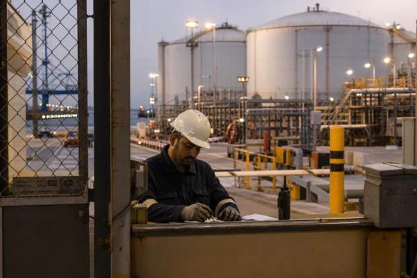 Gros plan sur des mains de sécurité près de réservoirs pétroliers et de tuyauteries dans un port industriel au crépuscule.