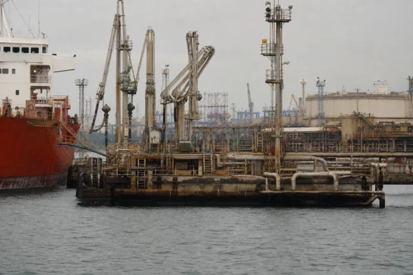 Terminal pétrolier de Yanbu avec navire-citerne, bras de chargement et quais industriels sous ciel couvert.