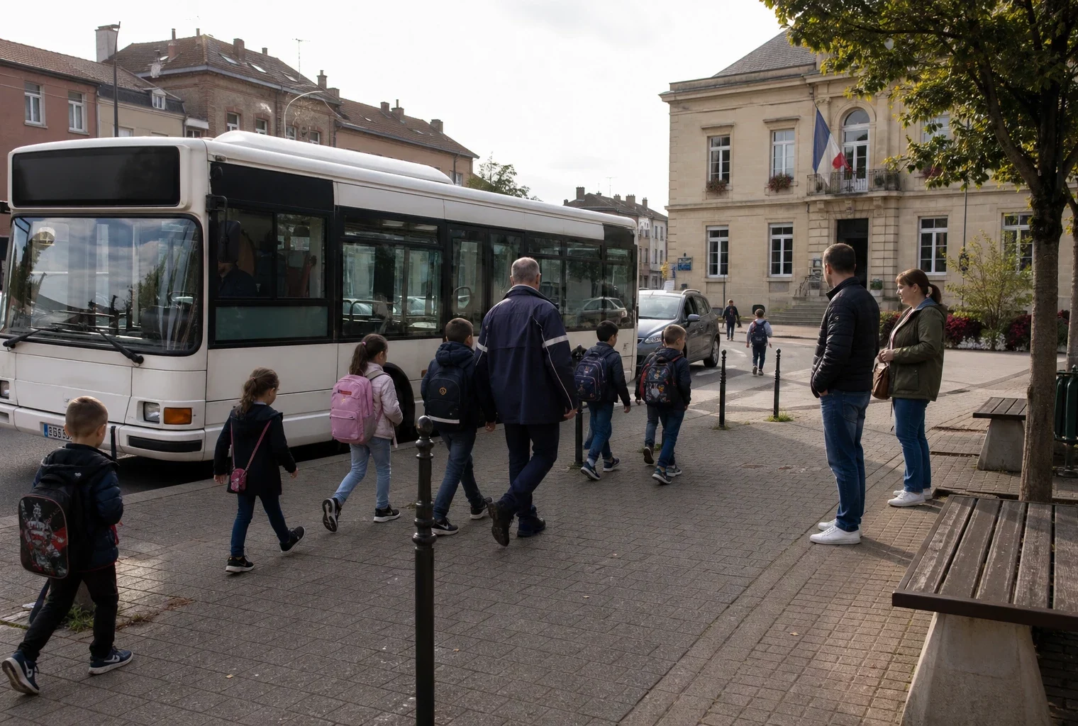 Enfants avec leurs cartables près d’un bus scolaire dans une rue de Hayange, accompagnés par un adulte