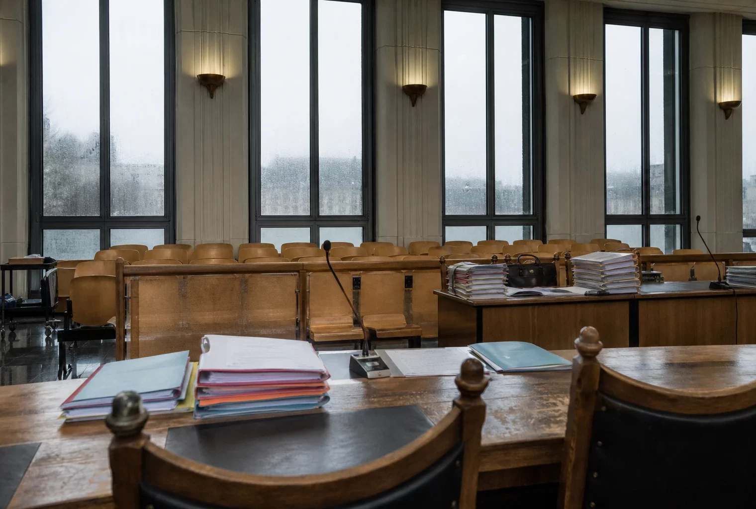 Salle d’audience du tribunal administratif avec tables, dossiers et micros, à Orléans.