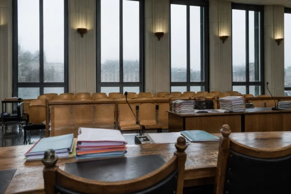 Salle d’audience du tribunal administratif avec tables, dossiers et micros, à Orléans.