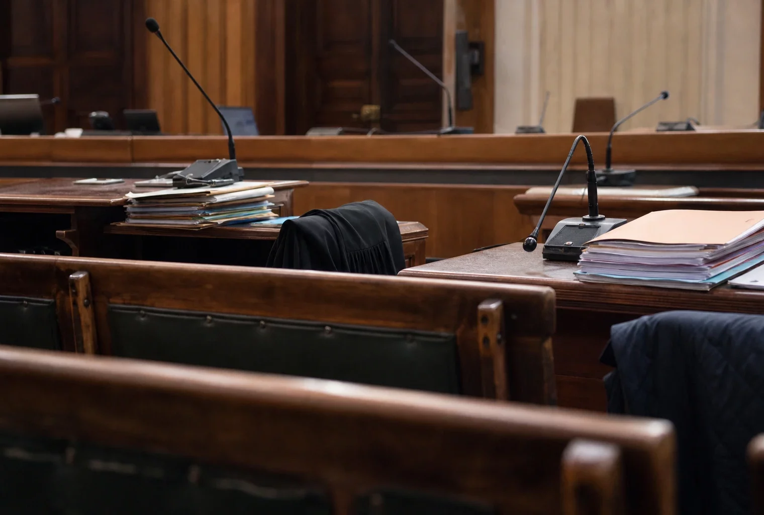 Salle d’audience du tribunal correctionnel avec tables, micros et rangées de sièges, avant une audience à Paris.