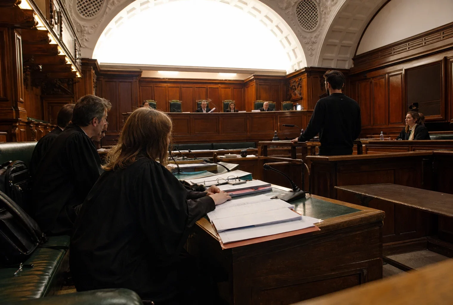 Salle d’audience du tribunal correctionnel de Paris, tables d’avocats, dossiers ouverts, micros et bancs sous lumière rasante.