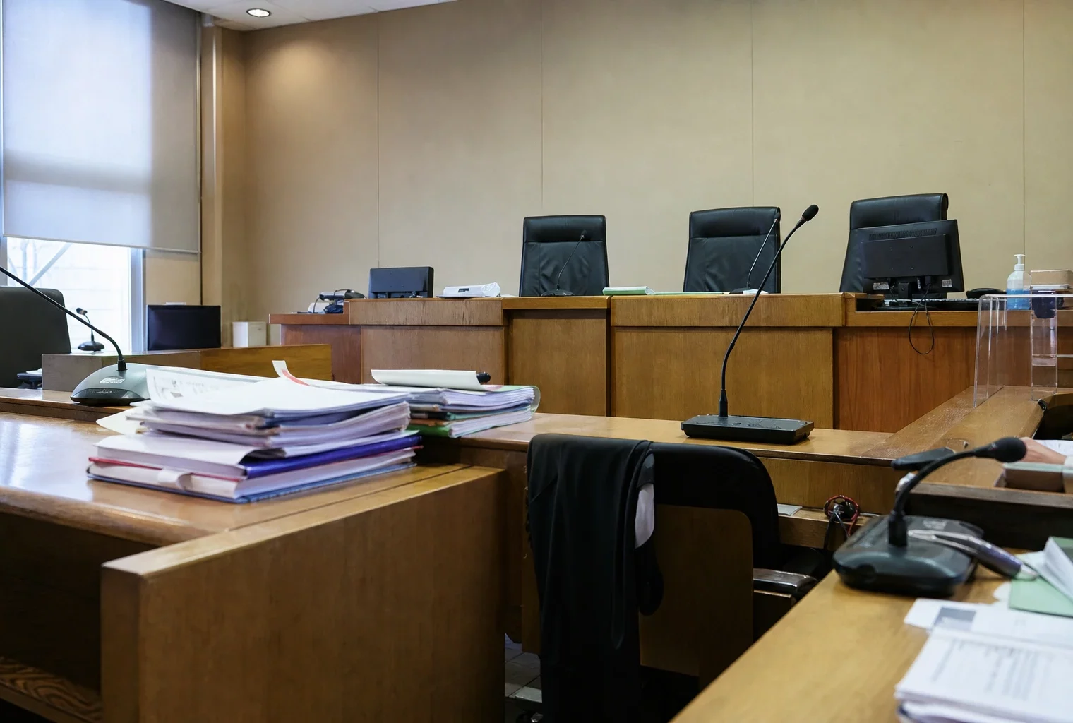 Salle d’audience du tribunal administratif d’Orléans avec bancs, pupitres et micros, sans personnes visibles.
