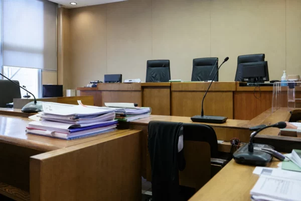 Salle d’audience du tribunal administratif d’Orléans avec bancs, pupitres et micros, sans personnes visibles.