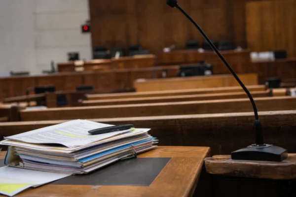 Salle d’audience du tribunal judiciaire de Paris, avec bancs et pupitres vides, avant une audience en référé.