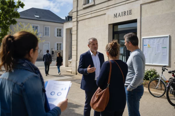 Citoyens échangeant devant une mairie française sur le pouvoir d’achat et les choix fiscaux