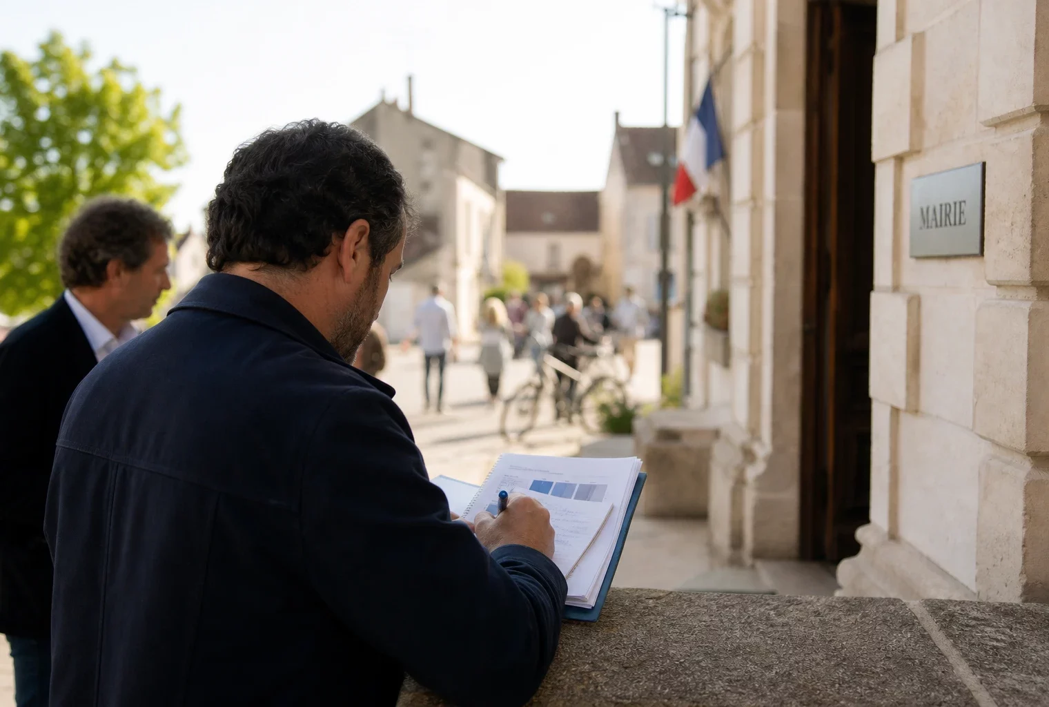 Élu local anonyme annotant un dossier devant une mairie française, dans une lumière claire de fin d’après-midi
