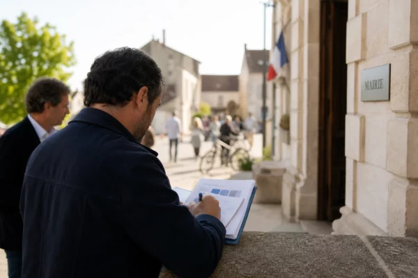 Élu local anonyme annotant un dossier devant une mairie française, dans une lumière claire de fin d’après-midi