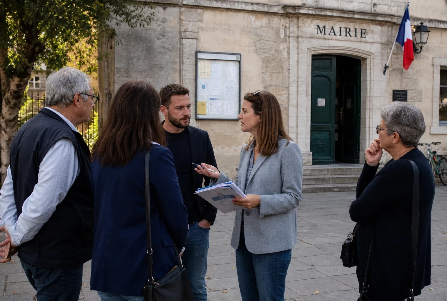 Citoyens et élus anonymes échangent sur le parvis d’une mairie française, dans une scène de débat local en plein jour.