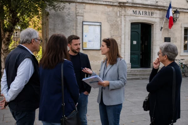Citoyens et élus anonymes échangent sur le parvis d’une mairie française, dans une scène de débat local en plein jour.