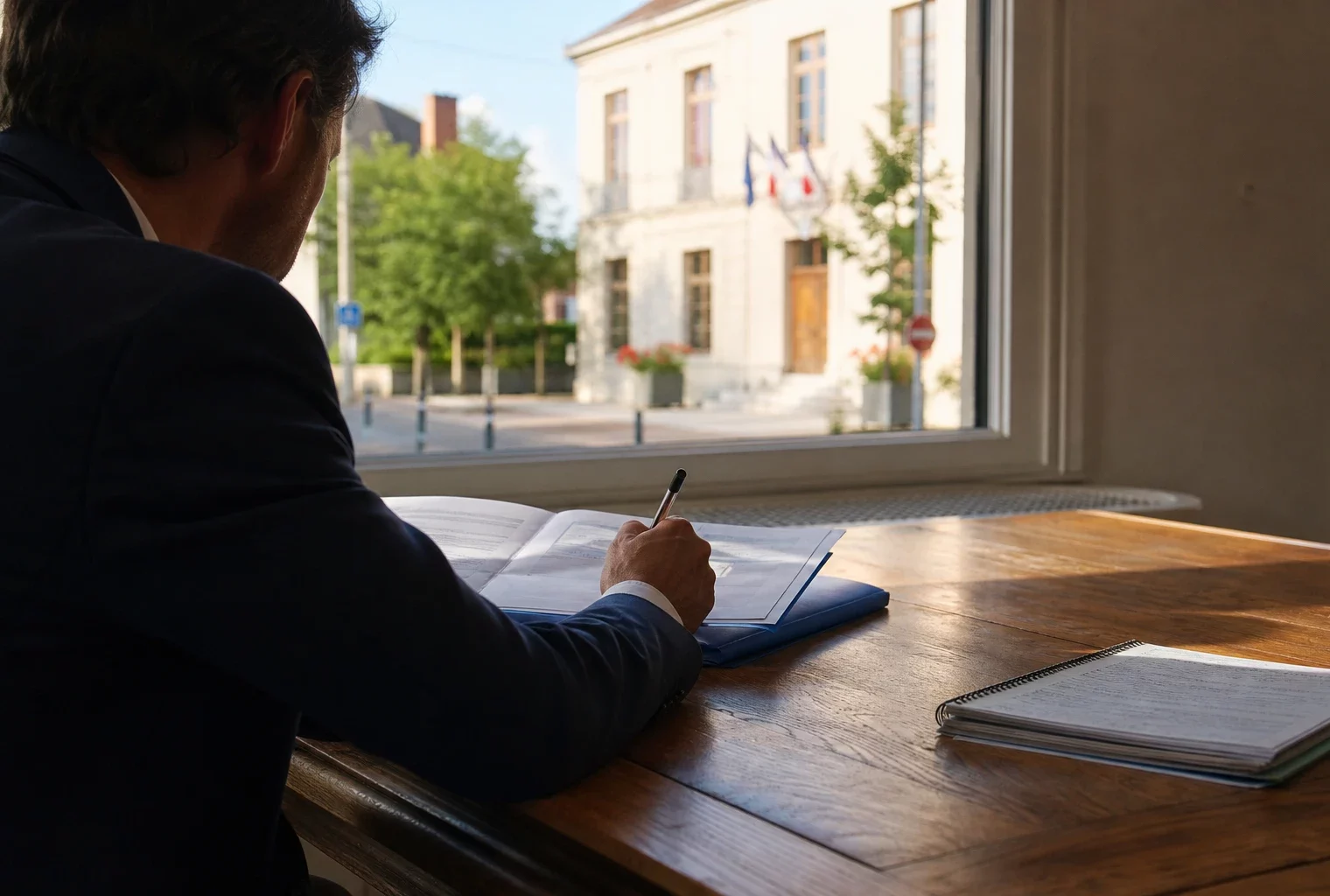 Élu local anonyme annotant un dossier dans une mairie française, avec une rue en arrière-plan lumineux