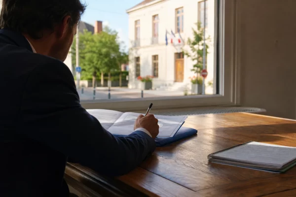 Élu local anonyme annotant un dossier dans une mairie française, avec une rue en arrière-plan lumineux