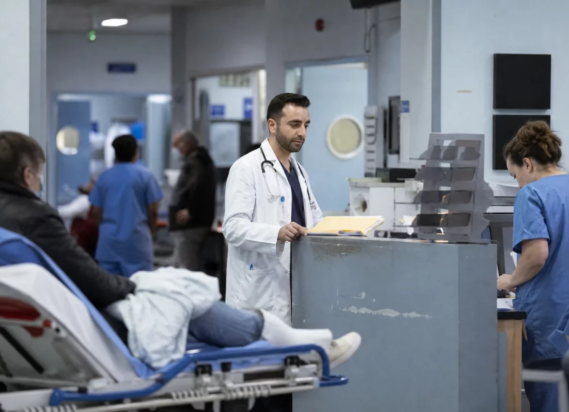 Accueil des urgences d’un hôpital français, avec brancard, comptoir de triage et couloir de service en arrière-plan.