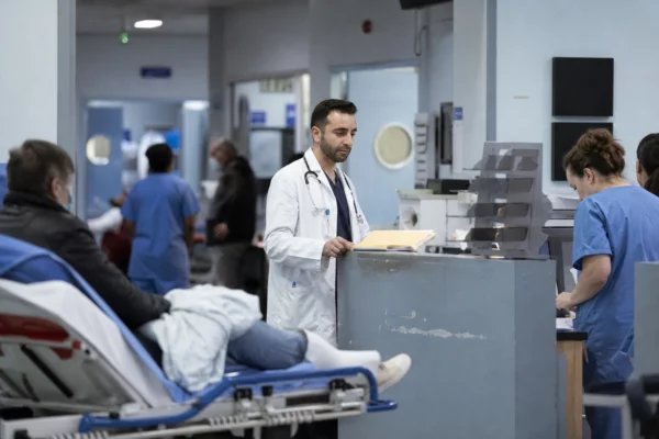 Accueil des urgences d’un hôpital français, avec brancard, comptoir de triage et couloir de service en arrière-plan.