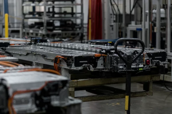 Ligne de production de batteries dans une usine française, avec modules, câbles et matériel industriel.