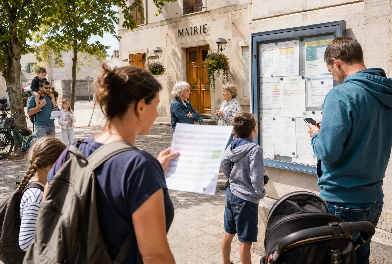 Familles anonymes devant une mairie française, organisant les vacances scolaires autour d’un calendrier flou