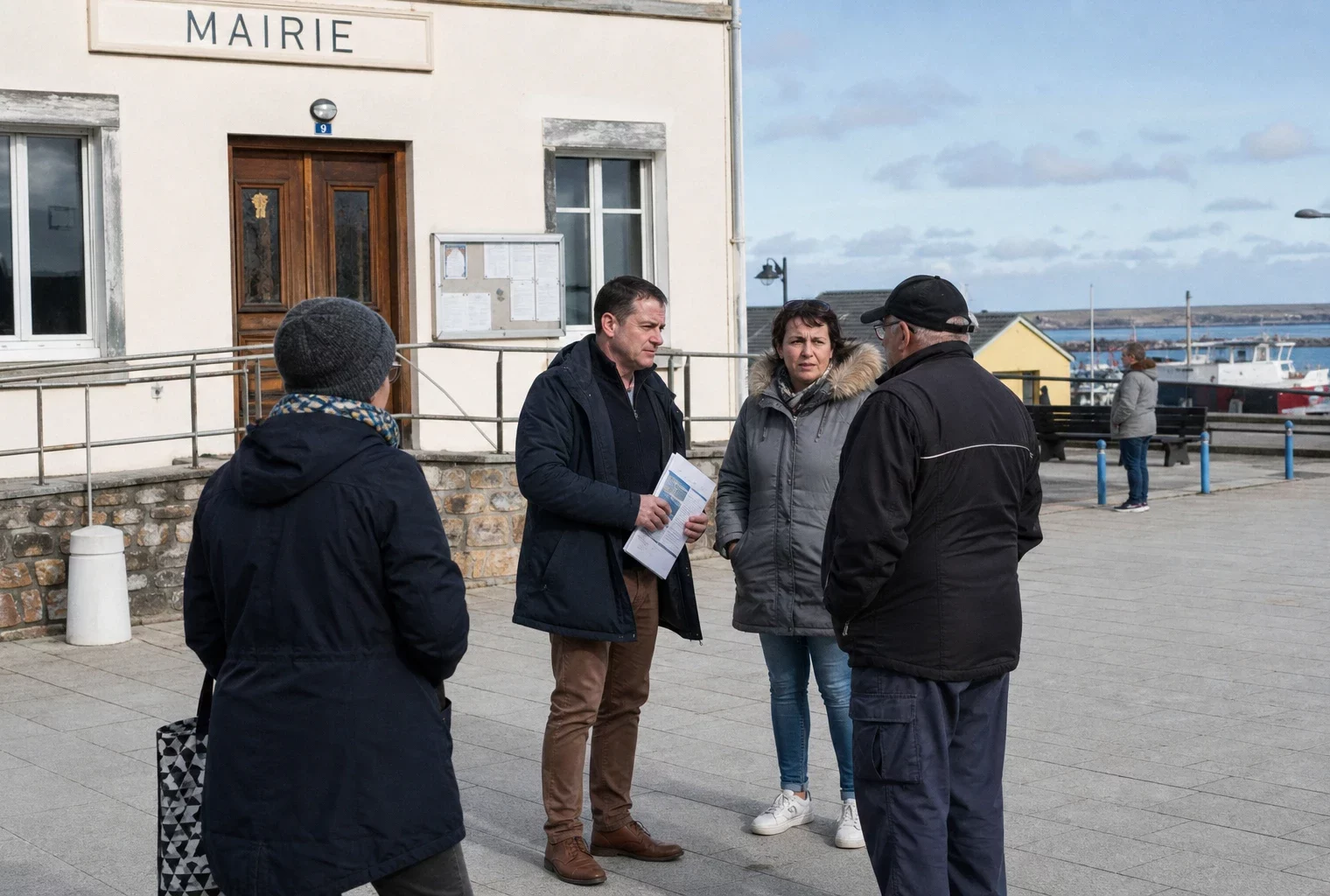 Habitants et élus anonymes échangent devant une mairie de Saint-Pierre-et-Miquelon, dans une lumière claire de bord de mer.