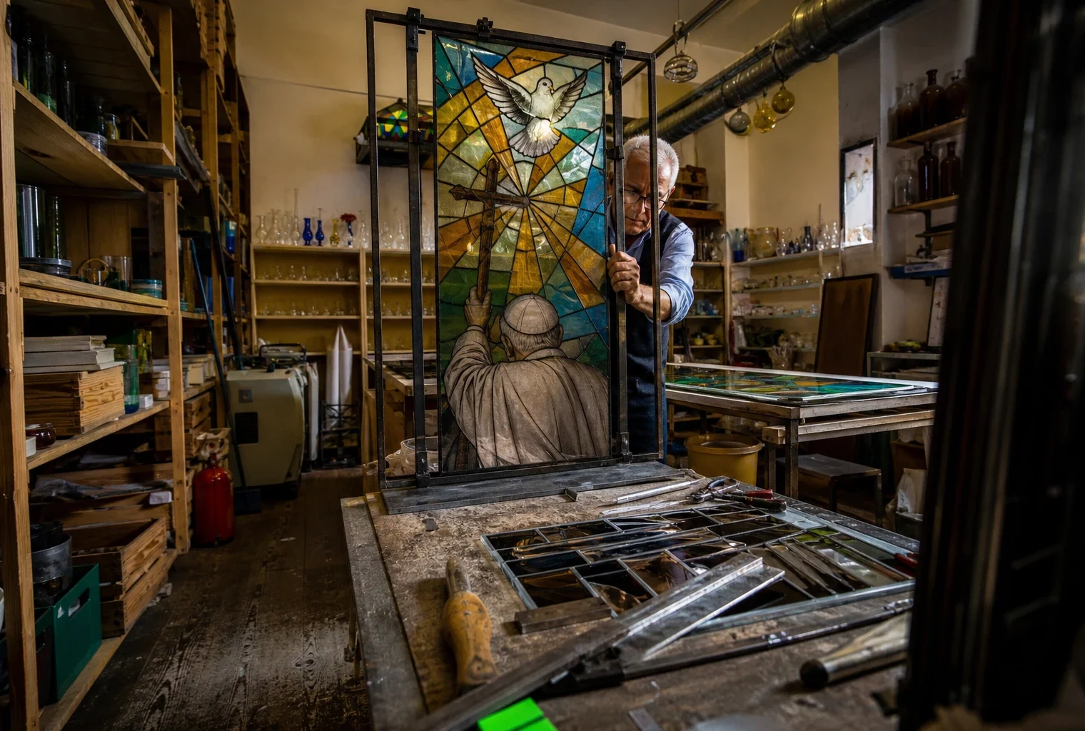 Dans un atelier de verrier en France, un grand vitrail contemporain se monte parmi outils, châssis et tables encombrées.