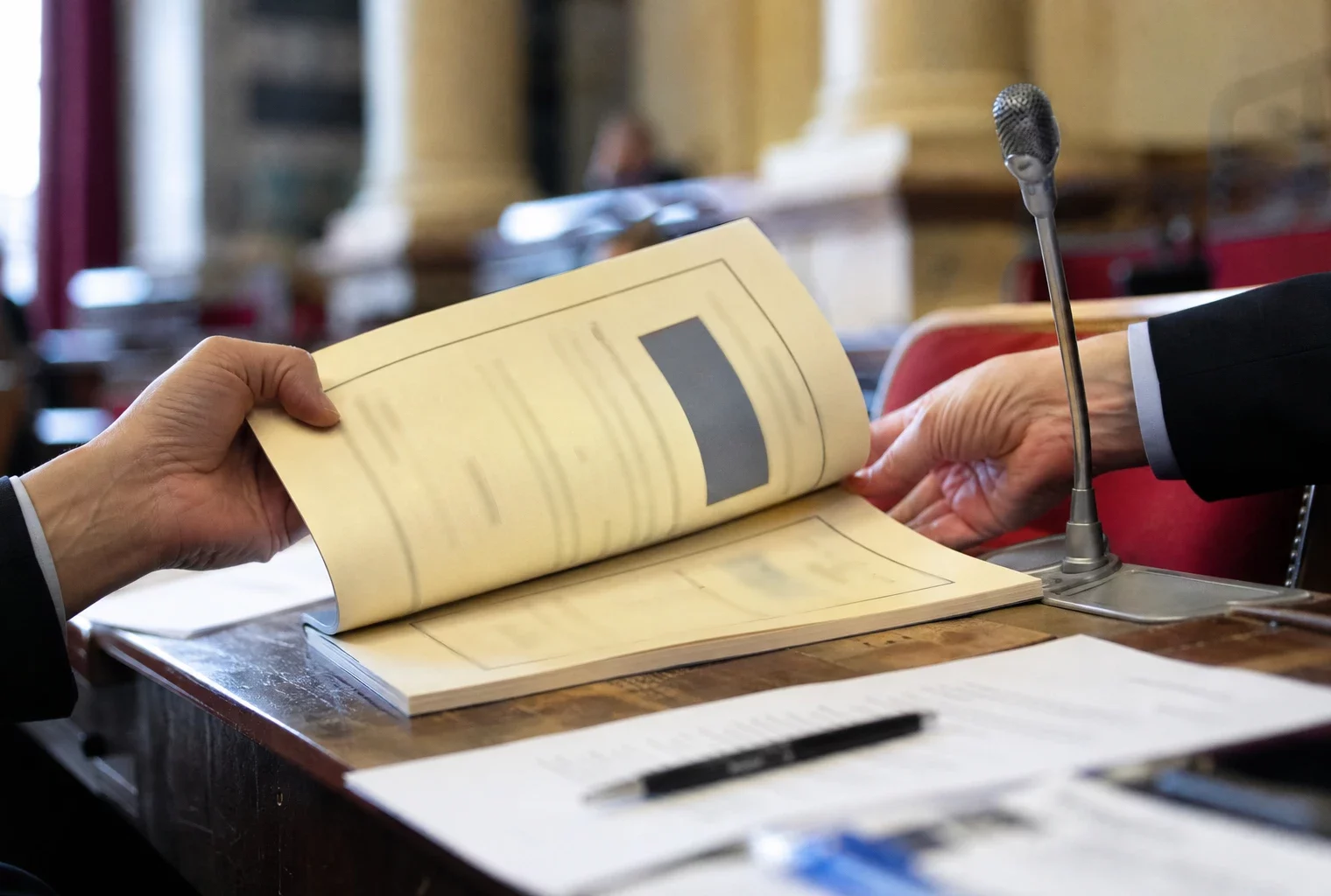 Mains anonymes feuilletant un dossier lors d’une audition parlementaire, avec micro et documents flous