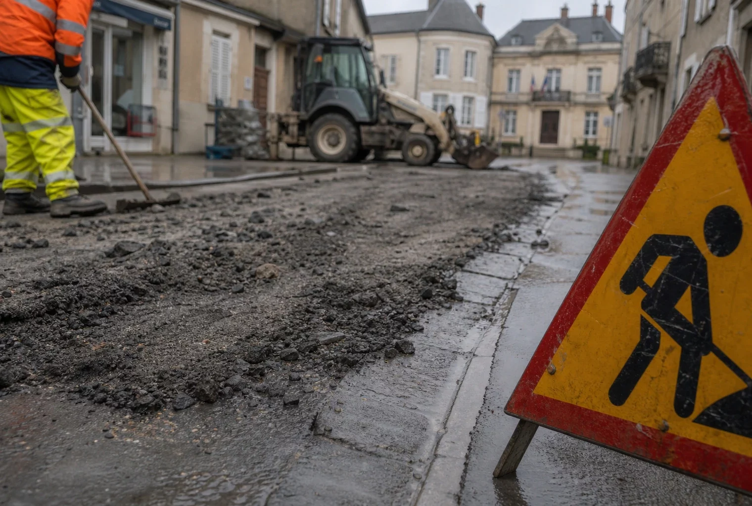 Chaussée communale humide près de la mairie, panneau de travaux au premier plan, maisons basses floues au fond.
