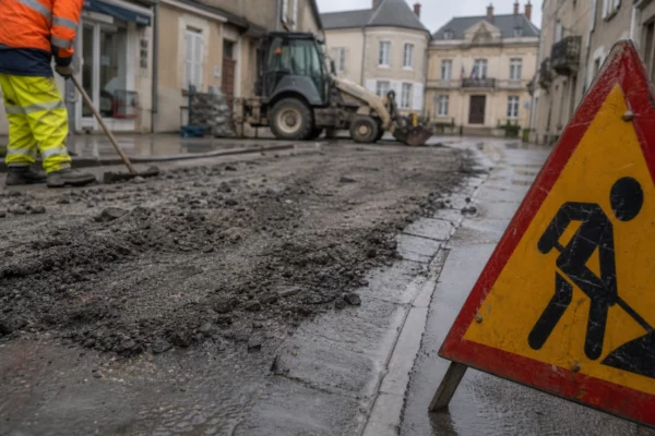 Chaussée communale humide près de la mairie, panneau de travaux au premier plan, maisons basses floues au fond.