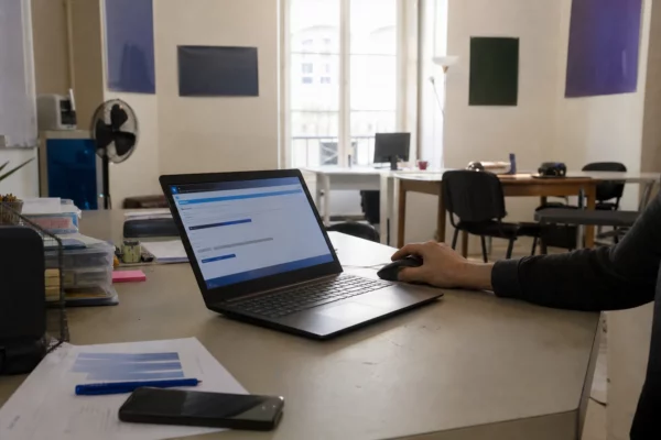 Un ordinateur ouvert dans une permanence de parti, avec une main sur la souris pour un vote interne en ligne.