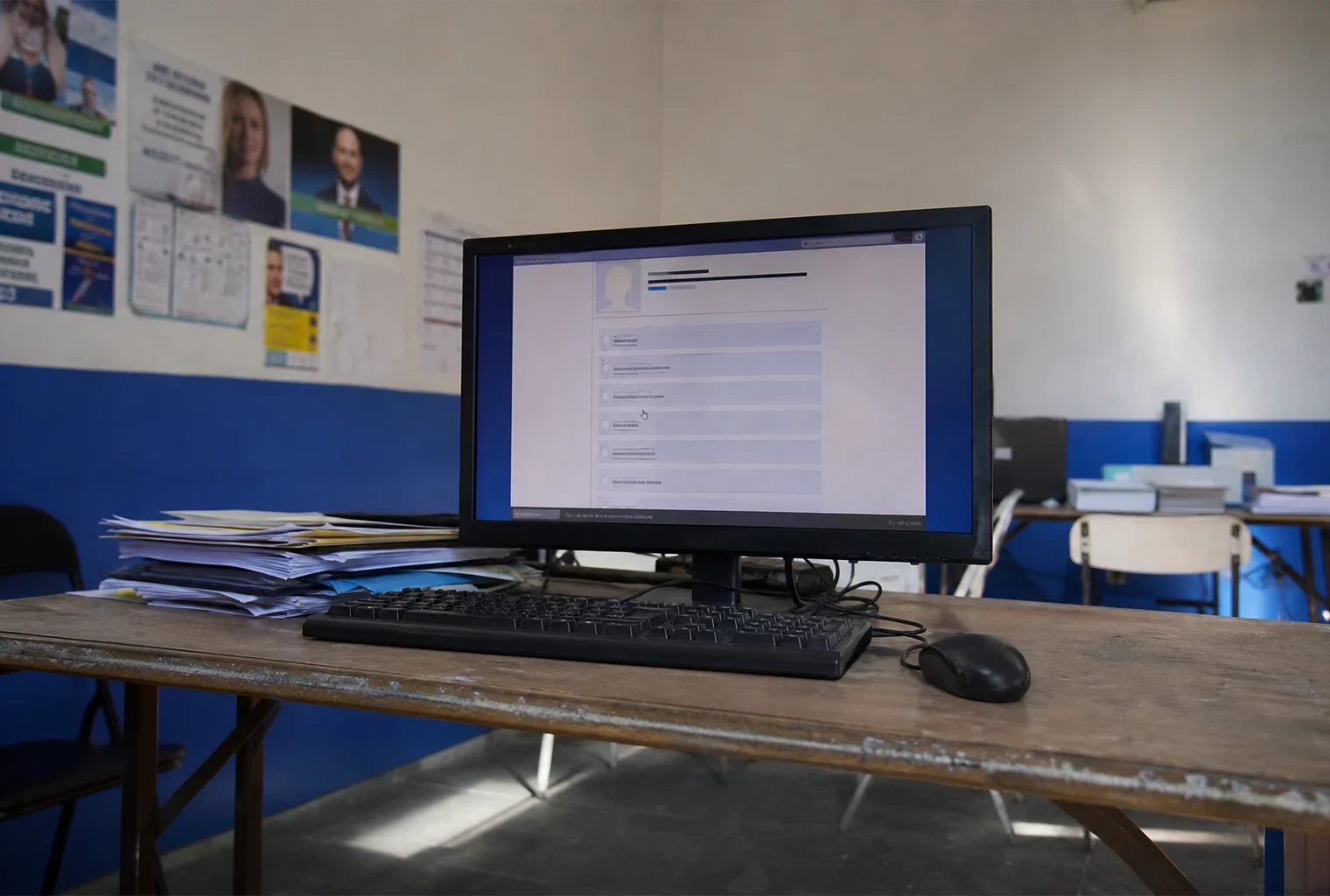 Un ordinateur ouvert affiche un formulaire de vote dans une permanence politique, avec des papiers de campagne autour.