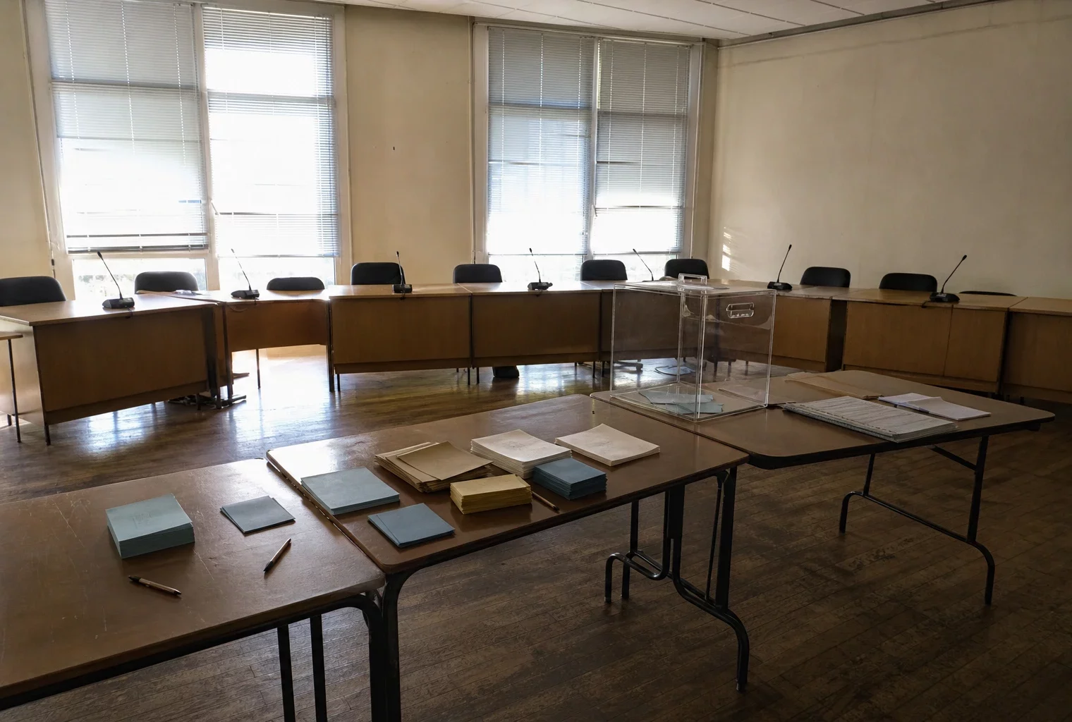 Salle de vote municipale en Vendée avec tables, bulletins et registre, pour l’élection indirecte des sénateurs.