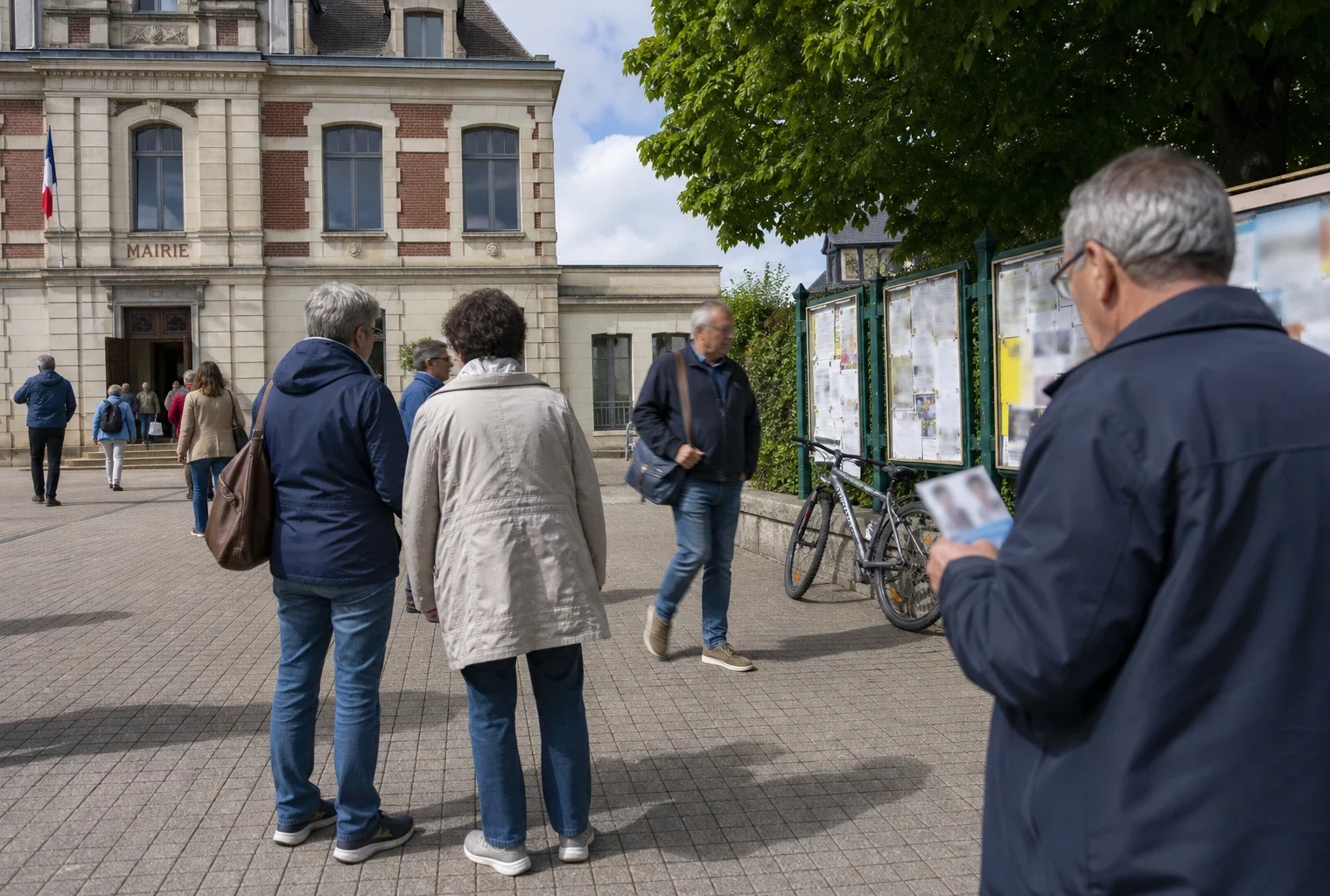 Habitants anonymes dans une rue de ville moyenne devant une mairie, évoquant le débat sur le vote utile à gauche