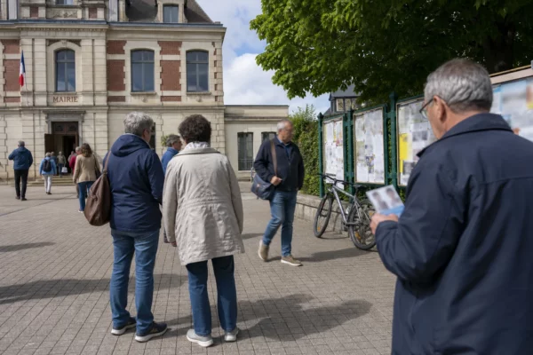 Habitants anonymes dans une rue de ville moyenne devant une mairie, évoquant le débat sur le vote utile à gauche