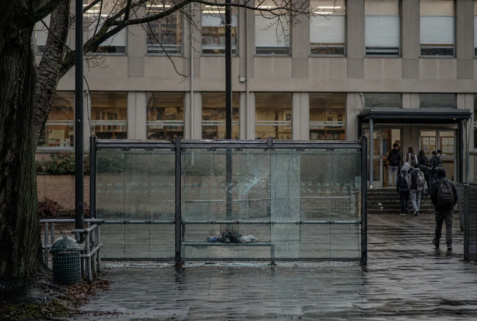 Abribus dégradé devant un lycée, vitre fendue, banc vide et trottoir humide sous une lumière froide.
