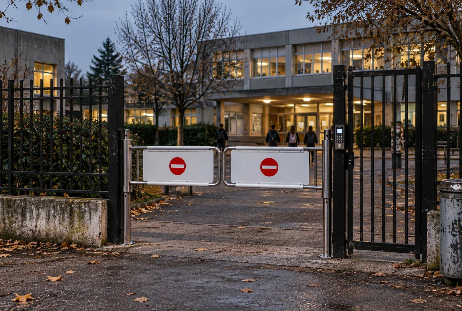 Un portail métallique et son contrôle d’accès à l’entrée d’un collège, devant une façade scolaire aux fenêtres sobres.