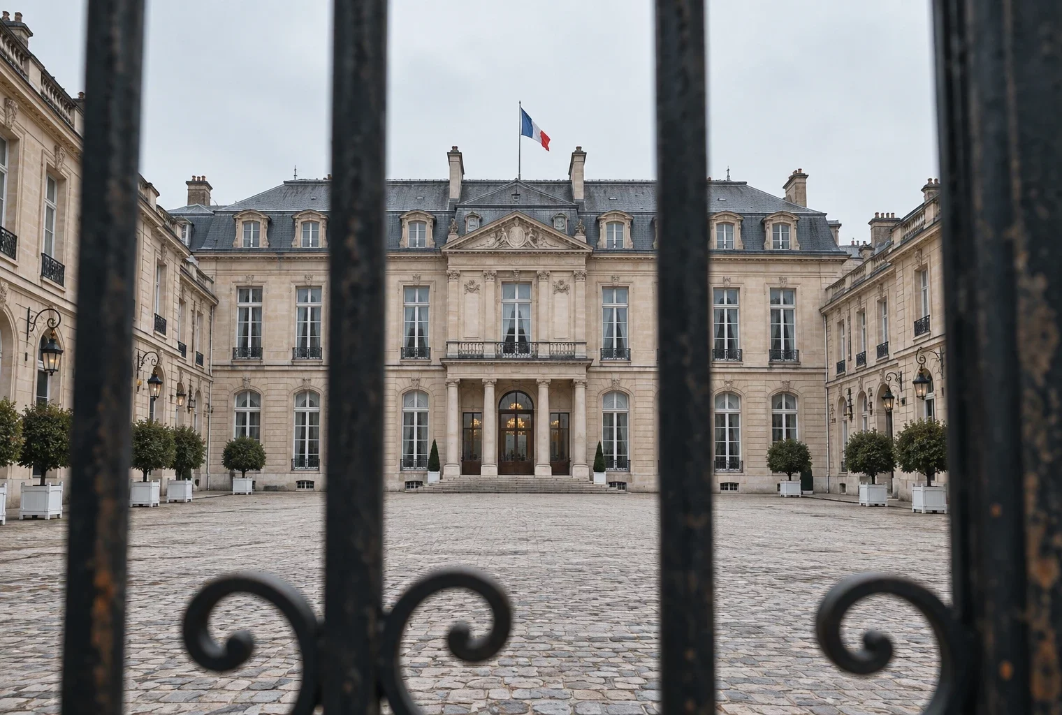 Grille ouvragée et pavés au premier plan d’une résidence présidentielle, avec une vaste façade de palais en arrière-plan.