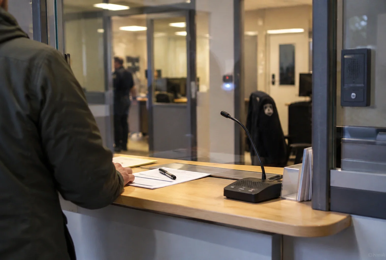 Comptoir d’accueil d’un commissariat avec interphone et formulaires vierges, face à une porte vitrée ouvrant sur un couloir administratif.