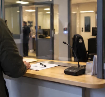 Comptoir d’accueil d’un commissariat avec interphone et formulaires vierges, face à une porte vitrée ouvrant sur un couloir administratif.