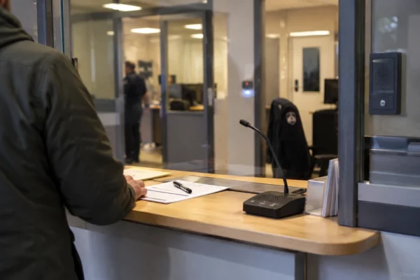 Comptoir d’accueil d’un commissariat avec interphone et formulaires vierges, face à une porte vitrée ouvrant sur un couloir administratif.