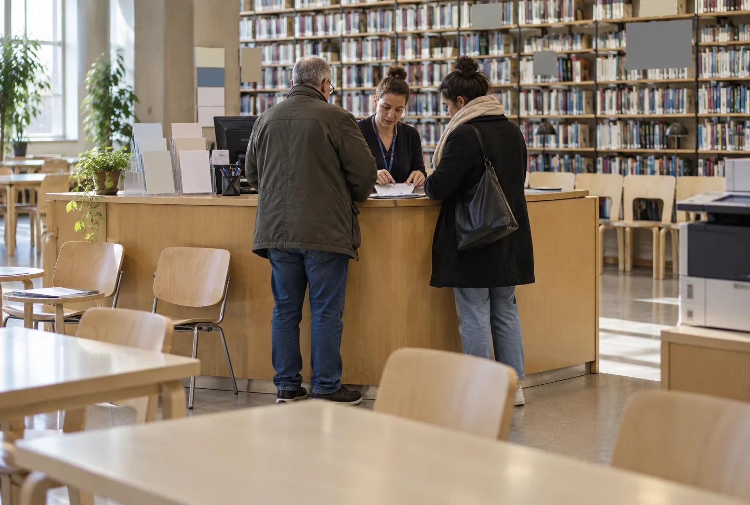 Dans le hall d’une bibliothèque, un comptoir temporaire oriente des usagers parmi des chaises, des formulaires et des rayonnages.