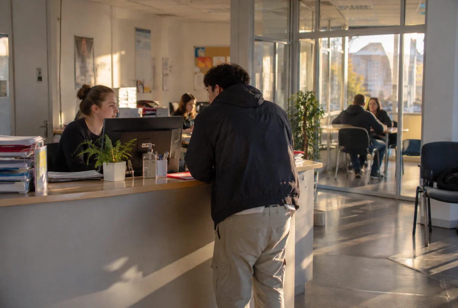 Comptoir et poste informatique dans un espace d’accompagnement vers l’emploi, avec des dossiers posés pour un rendez-vous.