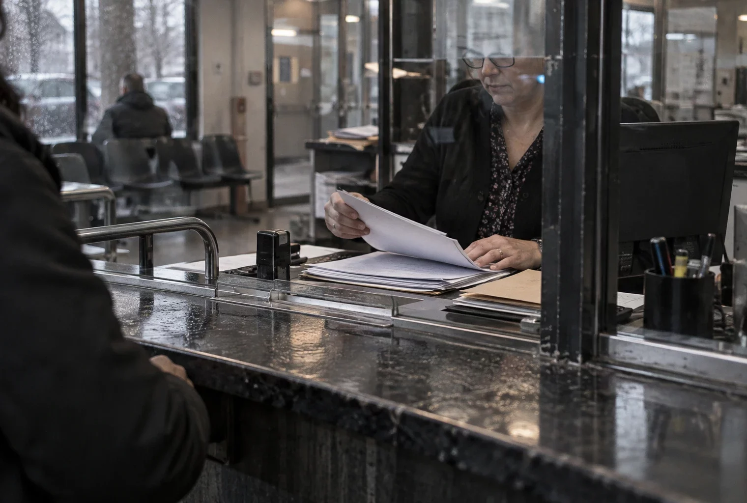 Les mains d’un agent manipulent des dossiers au comptoir usé d’un service public, devant des postes de travail et une salle d’attente.