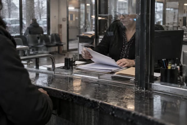 Les mains d’un agent manipulent des dossiers au comptoir usé d’un service public, devant des postes de travail et une salle d’attente.