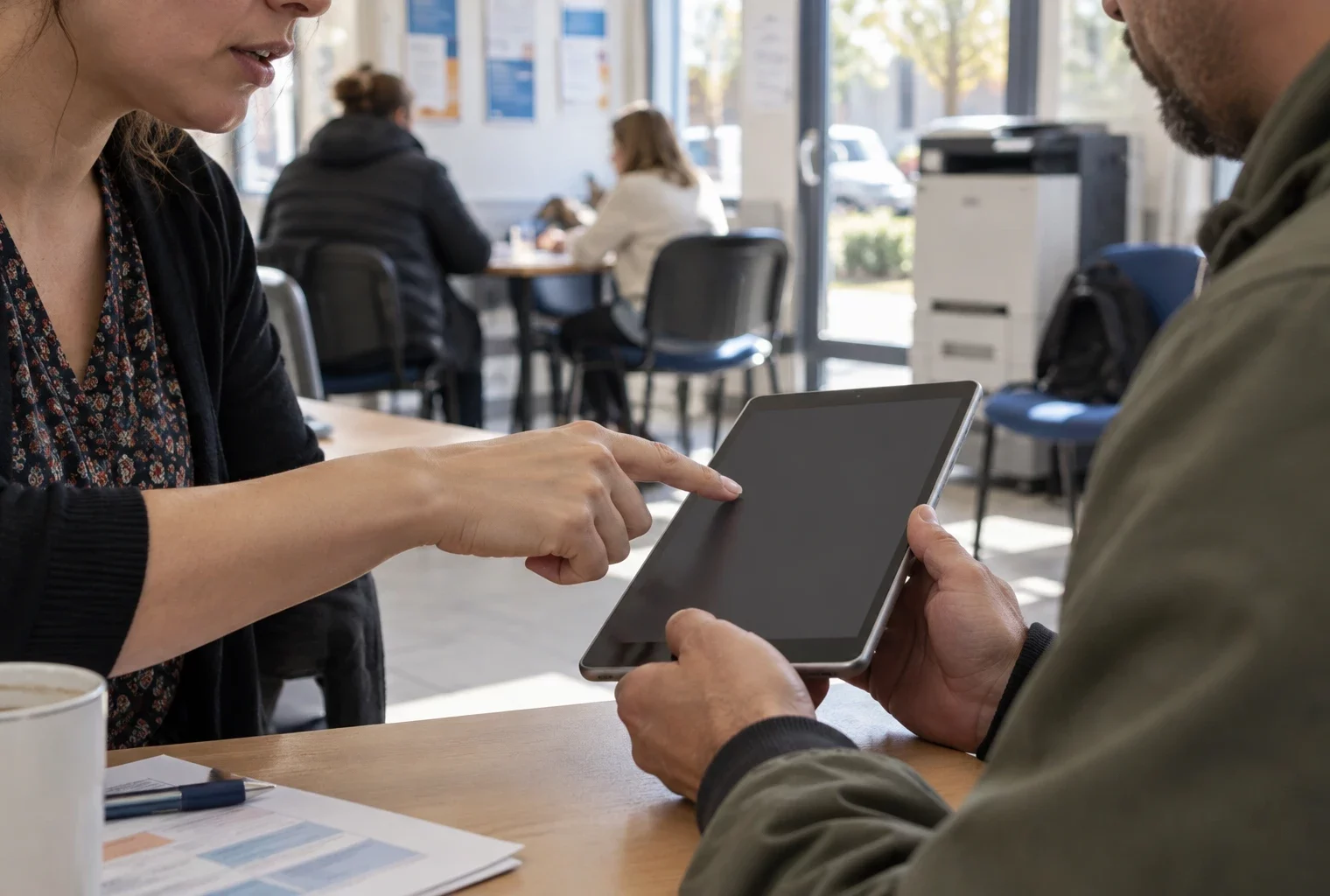 Dans une salle de réunion, une main accompagne un participant qui tient une tablette pour suivre une étape de connexion.
