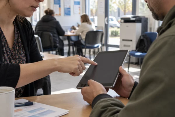 Dans une salle de réunion, une main accompagne un participant qui tient une tablette pour suivre une étape de connexion.