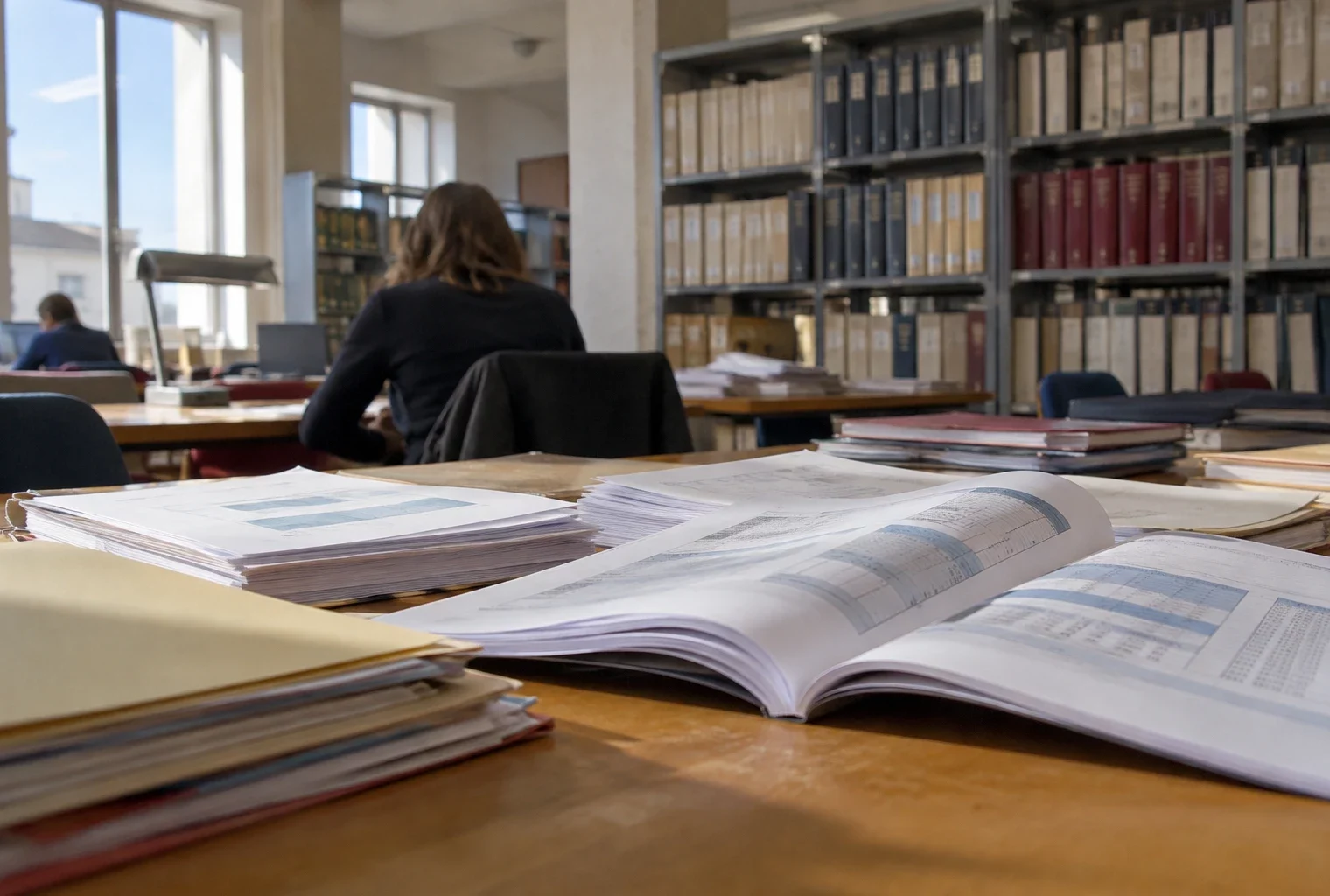 Des annexes budgétaires ouvertes sur des tableaux de dépenses, posées parmi des chemises administratives dans une salle de consultation.