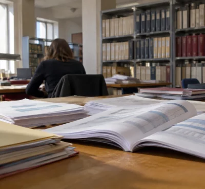 Des annexes budgétaires ouvertes sur des tableaux de dépenses, posées parmi des chemises administratives dans une salle de consultation.
