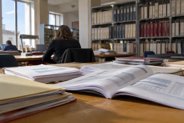 Des annexes budgétaires ouvertes sur des tableaux de dépenses, posées parmi des chemises administratives dans une salle de consultation.