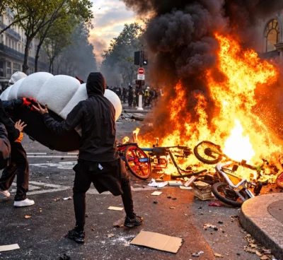 Des personnes en noir déplacent un mobilier urbain près de vélos en libre-service en flammes, dans une rue parisienne enfumée.