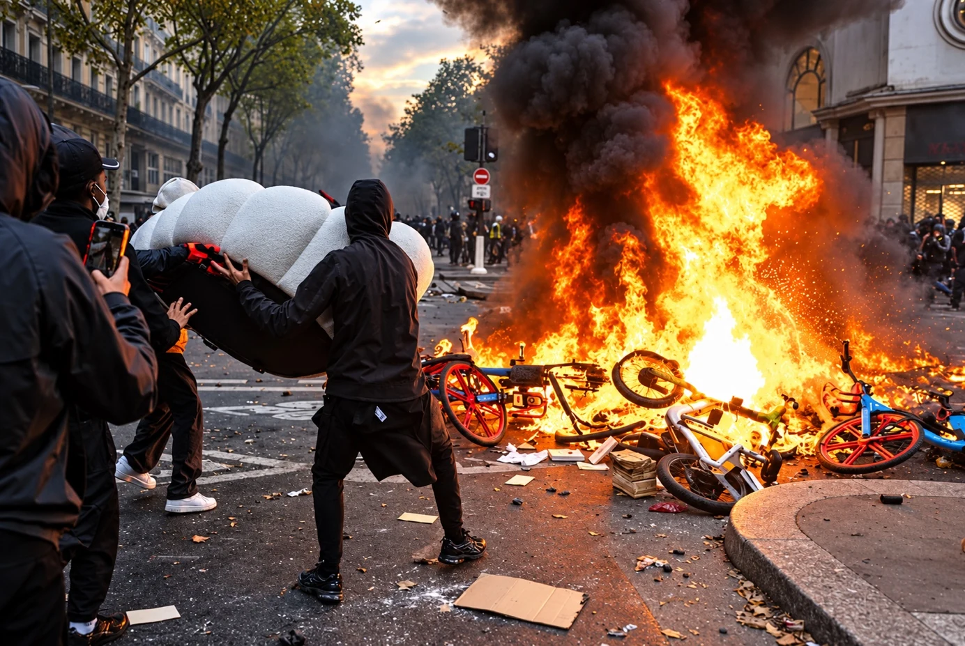 Des personnes en noir déplacent un mobilier urbain près de vélos en libre-service en flammes, dans une rue parisienne enfumée.