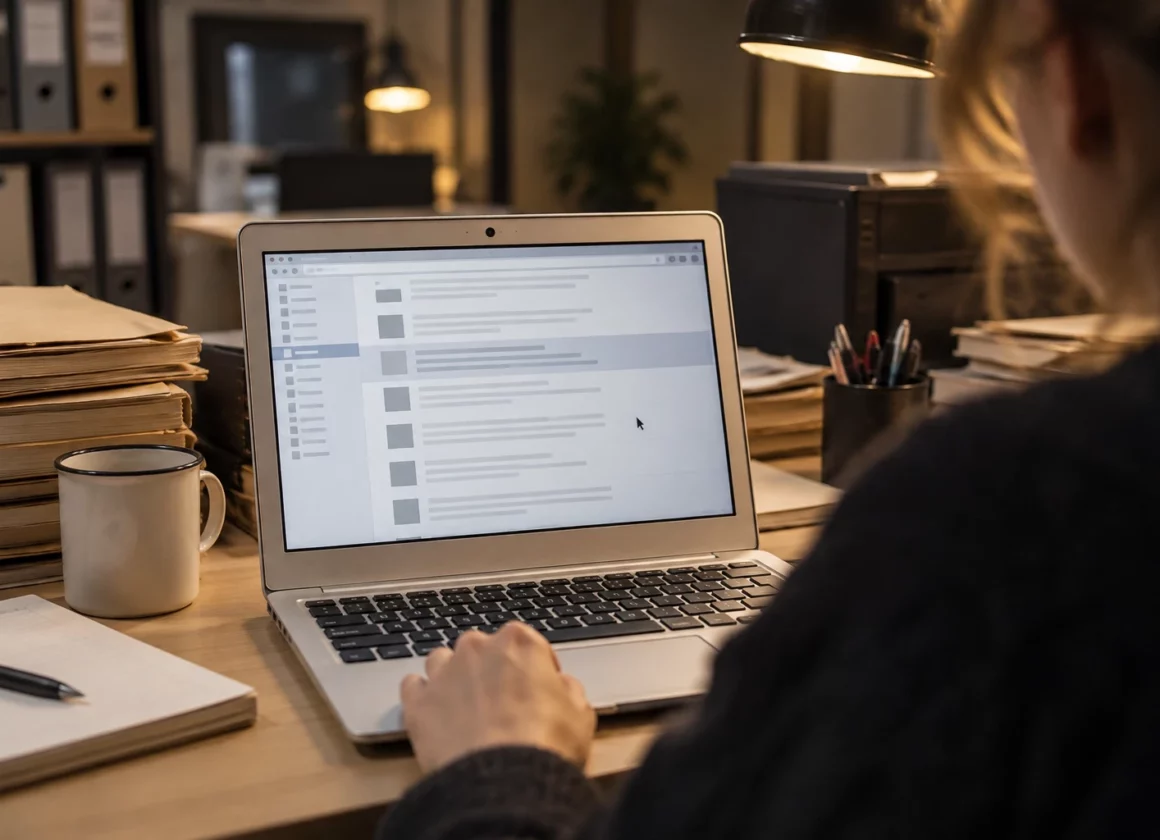 Un ordinateur affiche des archives de messages anonymisées sur un bureau, avec des dossiers papier et du matériel informatique en arrière-plan.